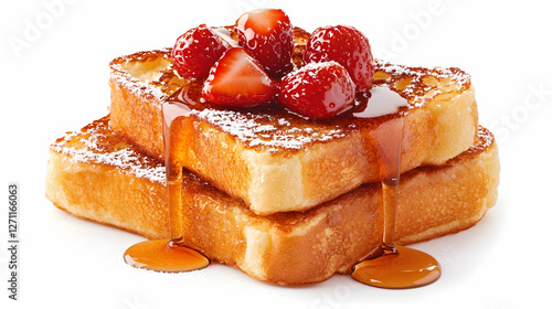 French toast stack w/ strawberries, syrup, and sugar, isolated for menus & ads photo