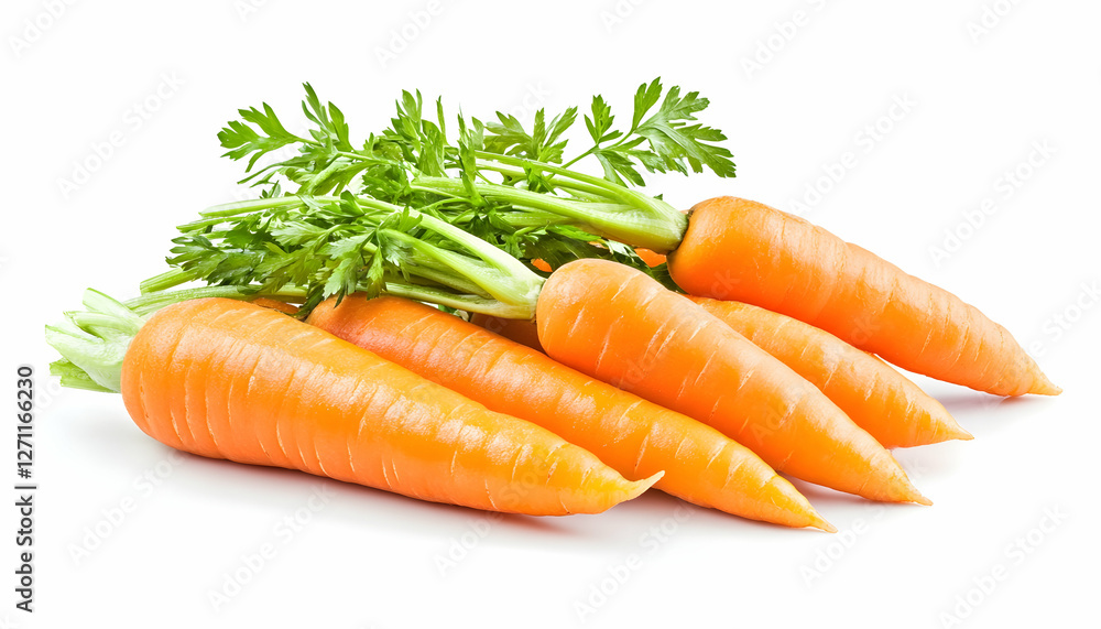 Fresh bunch of carrots with green tops on plain backdrop. Nutrition shots Fresh bunch of carrots with green tops on plain backdrop. Nutrition shots