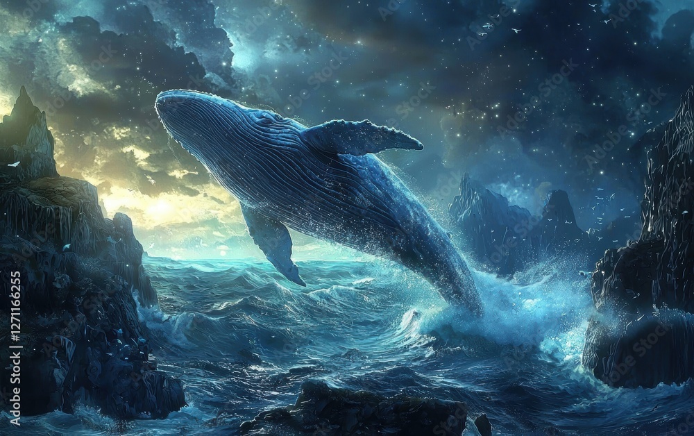 Obraz premium A giant whale breaching the ocean surface