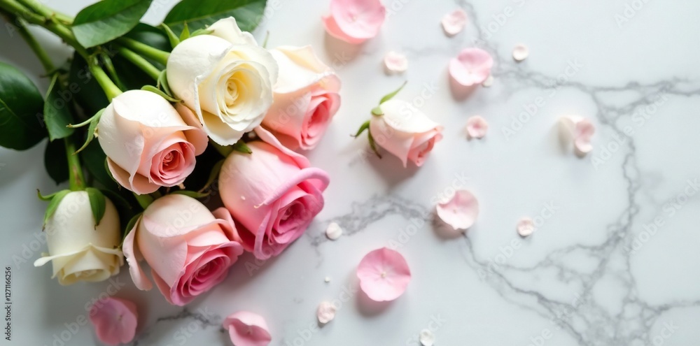 Rose bouquet with white and pink flowers scattered on a marble table, elegant, bouquet Rose bouquet with white and pink flowers scattered on a marble table, elegant, bouquet