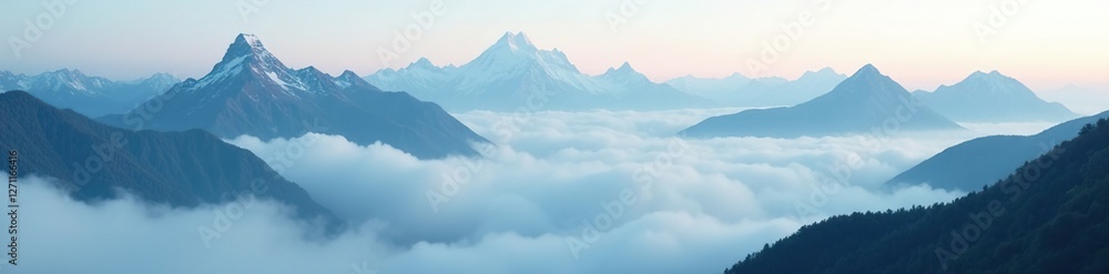 Fototapeta premium Towering mountain peaks shrouded in clouds and fog, foggy, misty