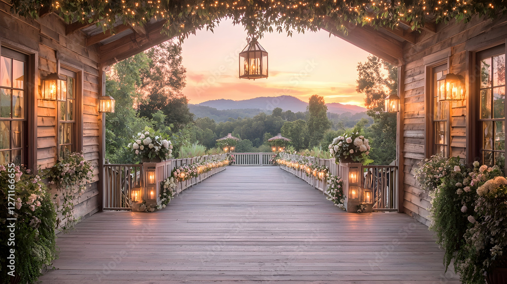 Fototapeta premium Decorated wooden bridge with lanterns and floral arrangements leads to a scenic mountain view at sunset.