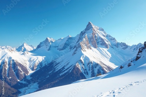 Snowy peaks of Friuli Venezia Giulia's Illegio Mountain against a blue winter sky, clear sky, venezia, illegio