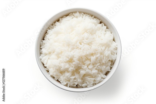 Top view of white isolated boiled rice bowl