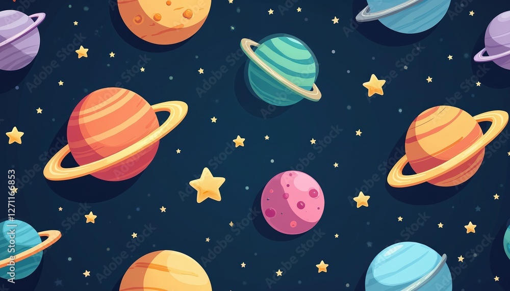 Seamless pattern of colorful cartoon planets and stars on dark blue background. Cosmos with cute celestial bodies, moon, universe wallpaper. Design element for children fabric or wrapping paper. Seamless pattern of colorful cartoon planets and stars on dark blue background. Cosmos with cute celestial bodies, moon, universe wallpaper. Design element for children fabric or wrapping paper.