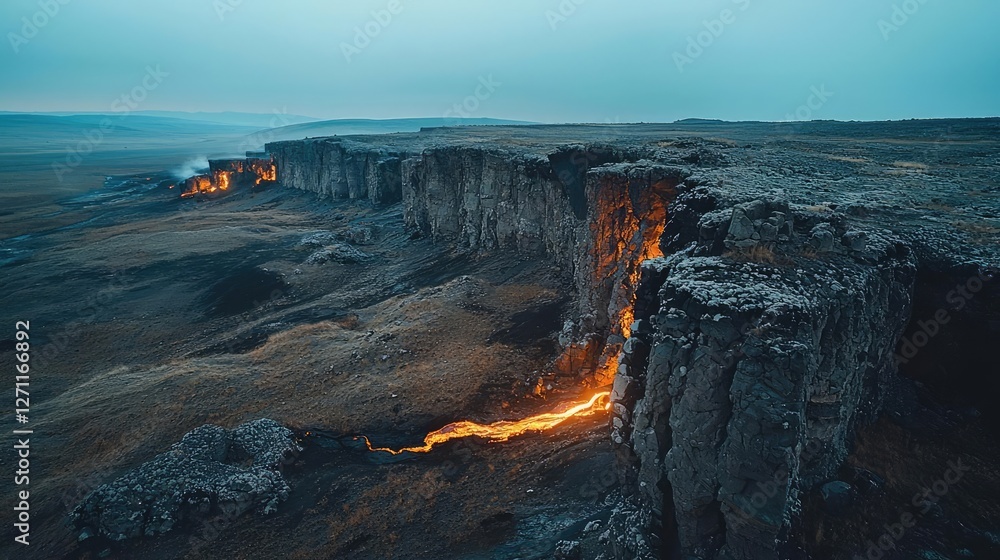 Fototapeta premium Volcanic landscapes concept. A mesmerizing view of a lava flow across a rugged volcanic landscape at twilight.