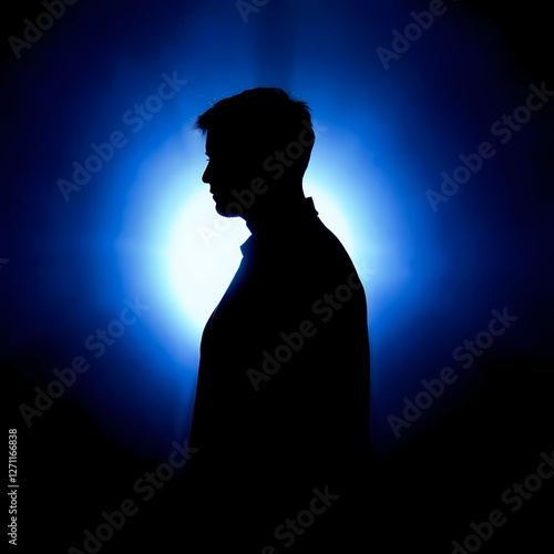 Silhouette of Man in Blue Light with Glowing Halo