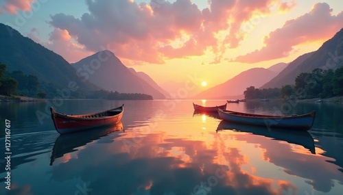 Boats on Umngot River Dawki with reflected sky, reflection, water