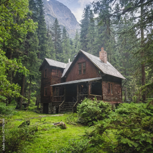 Rustic Cabin in Dense Forest with Mountain View