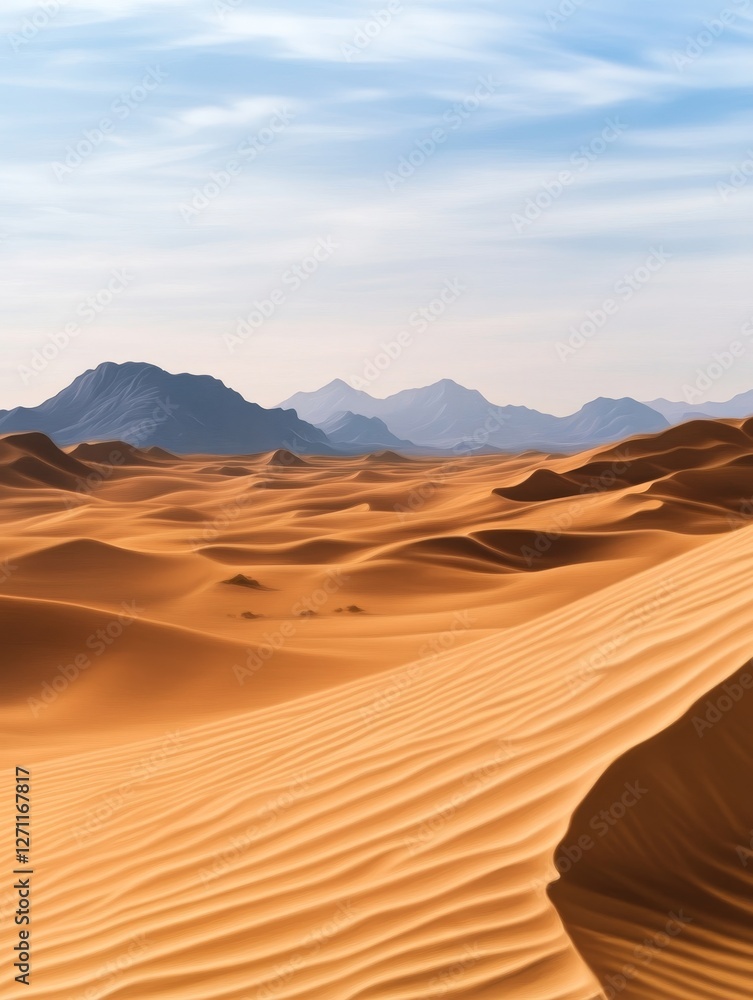 Expansive sandy dunes under a clear blue sky with distant mountain in the background Expansive sandy dunes under a clear blue sky with distant mountain in the background
