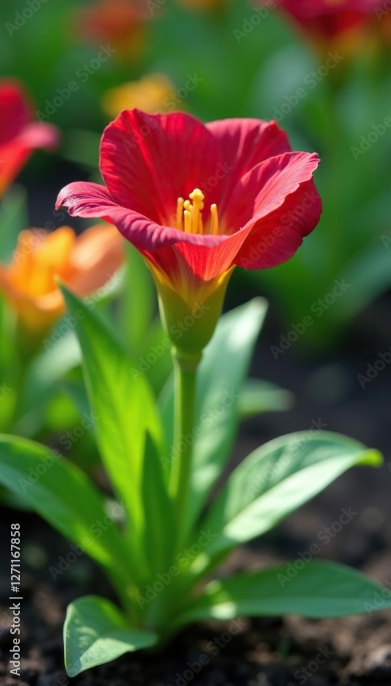 Hemerocallis Little Wine Cup growing in a garden bed, plant growth, foliage Hemerocallis Little Wine Cup growing in a garden bed, plant growth, foliage