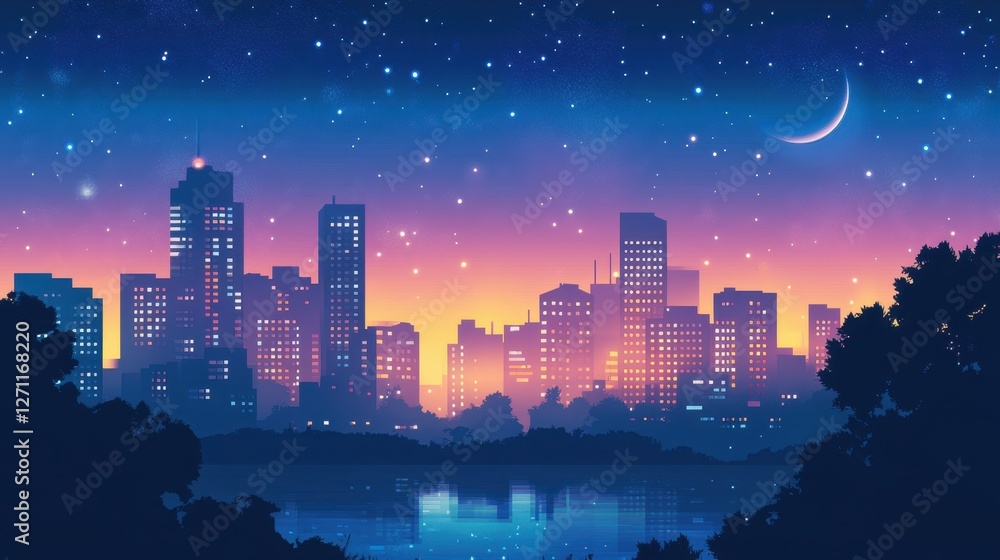 Fototapeta premium Cityscape at Night Under a Starry Sky