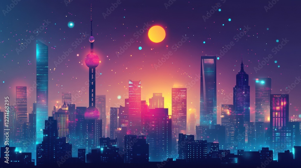 Neon Shanghai Skyline Night Cityscape Artistic Render Neon Shanghai Skyline Night Cityscape Artistic Render