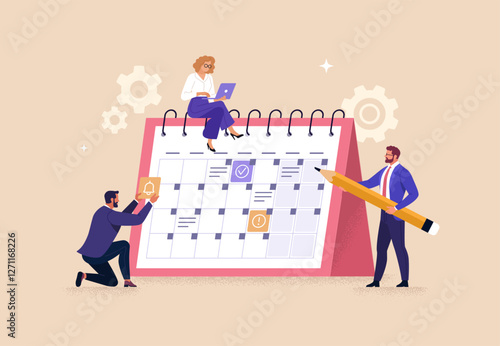 Business Planning Concept. Vector cartoon illustration of a group of people in business outfits making notes on a calendar with tasks Isolated on background