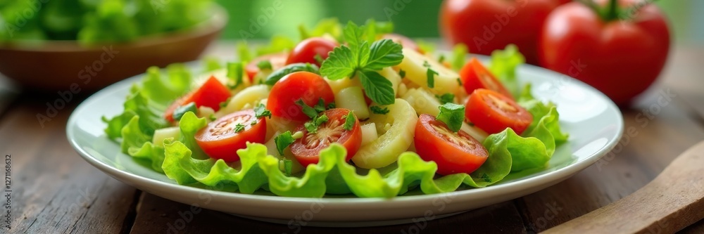 Salada de verduras frescas en una tabla de madera, mesa al aire libre, comida saludable, madera Salada de verduras frescas en una tabla de madera, mesa al aire libre, comida saludable, madera