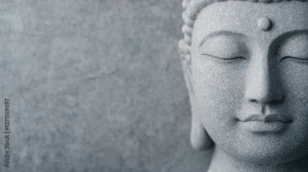 Close-up Buddha statue, serene face, gray stone background, spiritual art Close-up Buddha statue, serene face, gray stone background, spiritual art