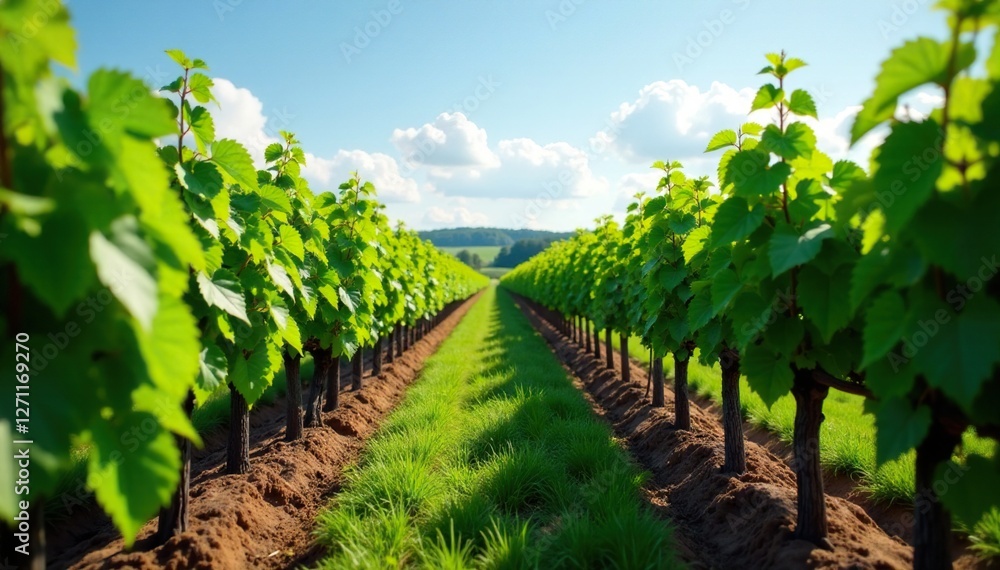 Row upon row of vines planted in a fertile soil, farm, field Row upon row of vines planted in a fertile soil, farm, field