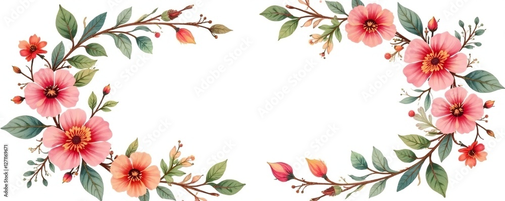 Fototapeta premium Whimsical floral wreath on a handdrawn ribbon, leaves, nature, ornamental