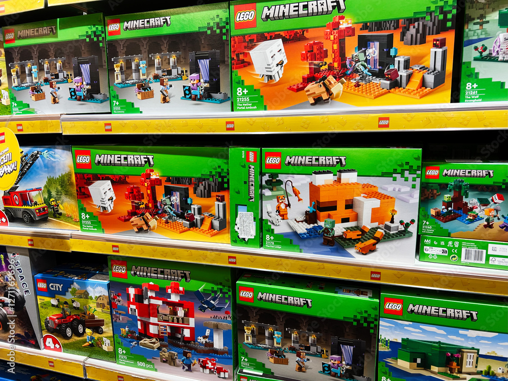 Naklejka premium Lviv, Ukraine - February 16, 2025: Lego Minecraft sets displayed on a store shelf with colorful packaging