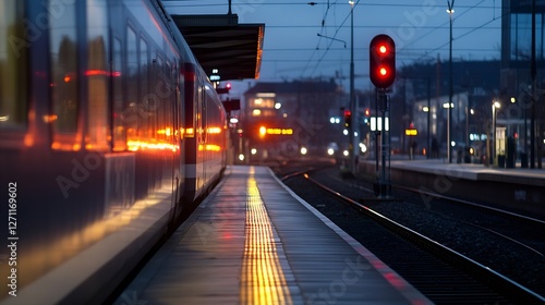 Late evening view of a railway station platform with train lights and illuminated traffic signals : Generative AI photo