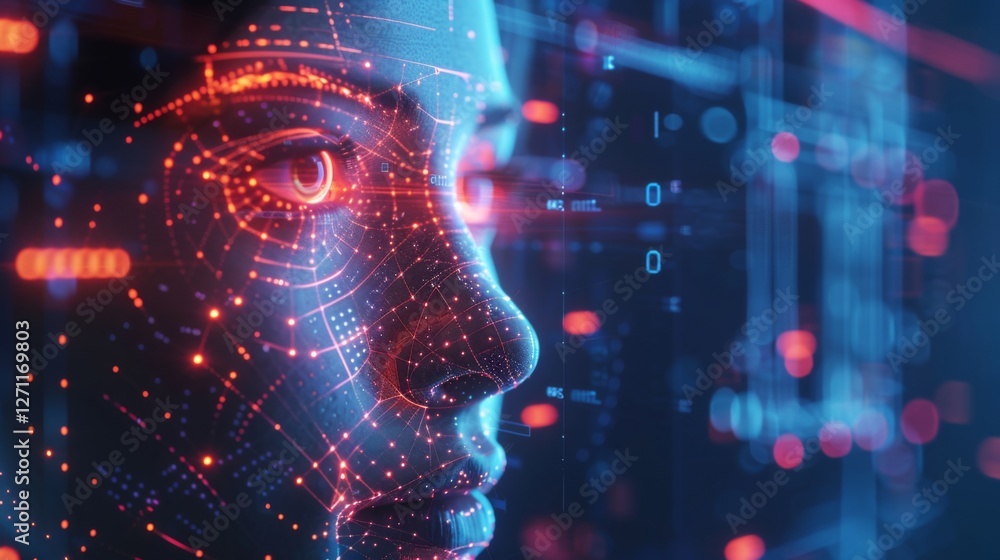 A close up view of a digital head showcasing intricate patterns and glowing lines, representing the fusion of artificial intelligence and human perception. A close up view of a digital head showcasing intricate patterns and glowing lines, representing the fusion of artificial intelligence and human perception.
