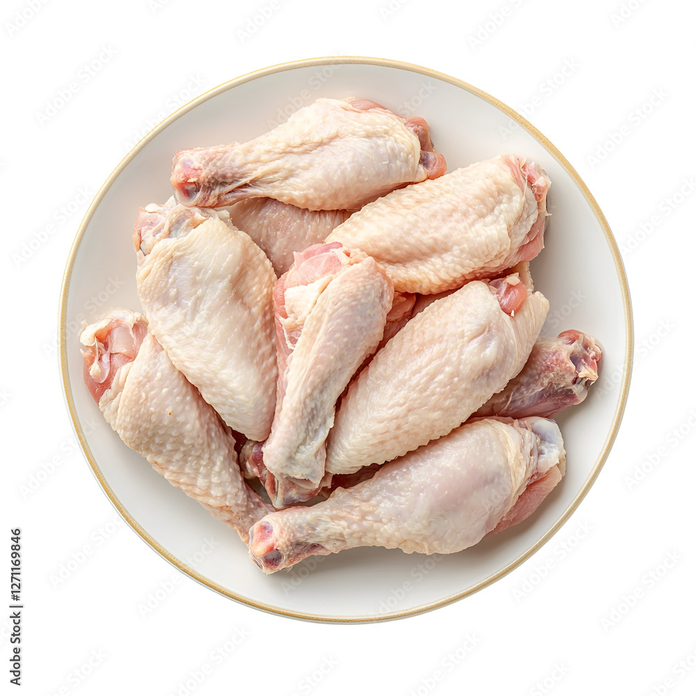 Raw Chicken Drumsticks on White Plate, Fresh Poultry Meat Raw Chicken Drumsticks on White Plate, Fresh Poultry Meat