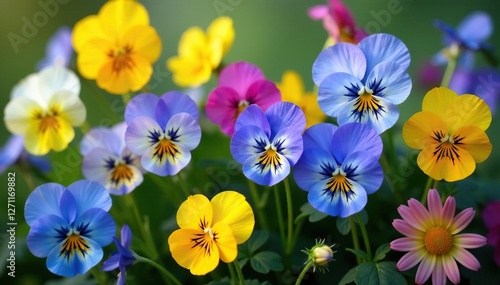 Colorful flower arrangement of blue and yellow pansies, flower power, summer