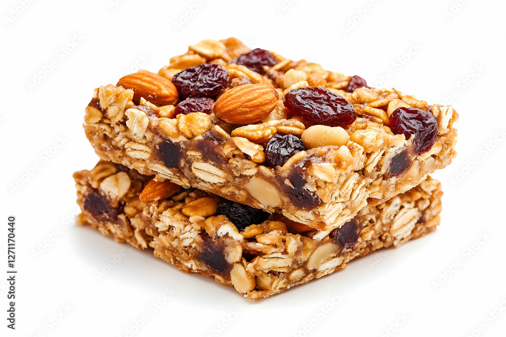 Granola bars with almonds and dried fruits stacked on a white background for snack Granola bars with almonds and dried fruits stacked on a white background for snack