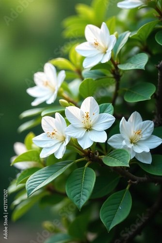White azalea flowers blooming on a dense thorny shrub, flowering plants, nature