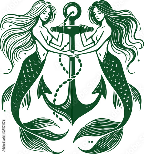 2 mermaids holding anchor vector illustration