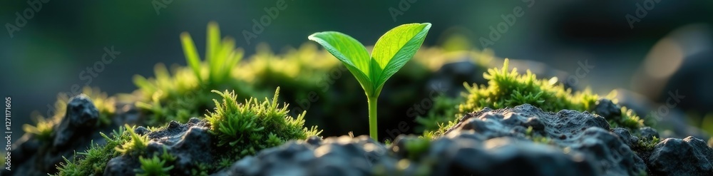 Single green sprout breaks through ancient volcanic rock, wildlife, botanical Single green sprout breaks through ancient volcanic rock, wildlife, botanical