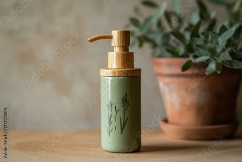 Wallpaper Mural Stylish Green Ceramic Soap Dispenser with Wooden Lid Torontodigital.ca