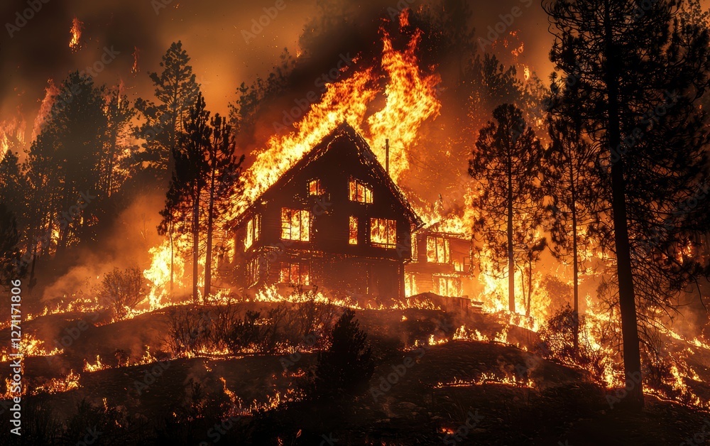 A house completely surrounded by wildfire flames A house completely surrounded by wildfire flames