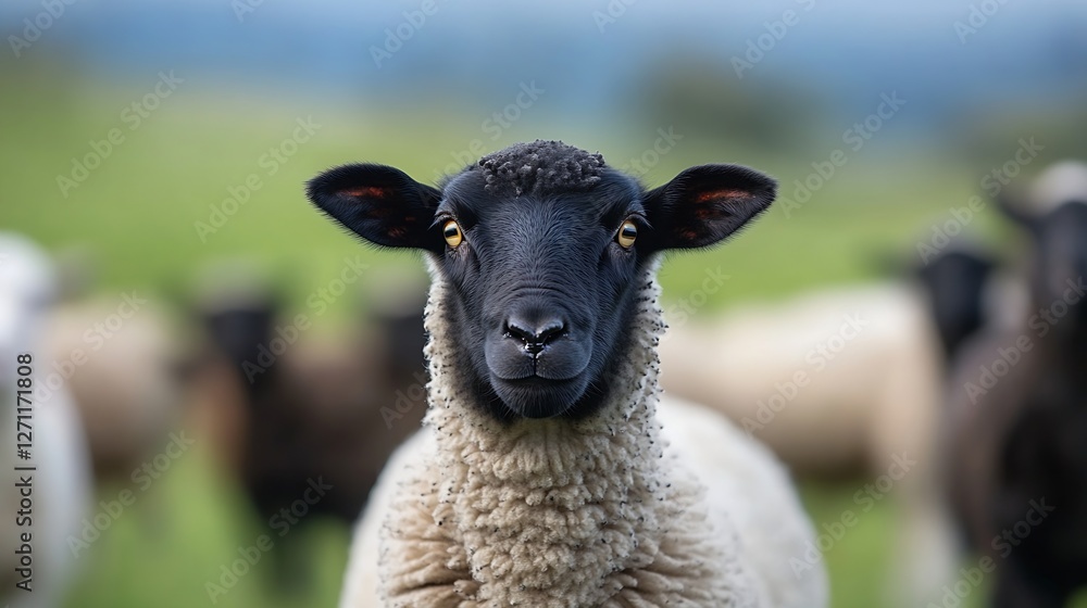 Curious Sheep Staring Directly at the Camera in a Green Pasture with Other Sheep in the Background : Generative AI Curious Sheep Staring Directly at the Camera in a Green Pasture with Other Sheep in the Background : Generative AI