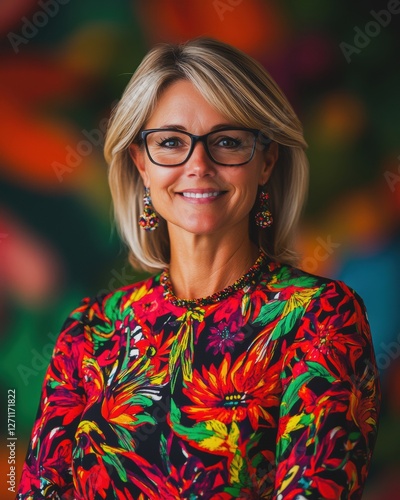 A woman wearing a colorful floral dress and glasses. She is smiling and posing for a picture. The dress is multicolored and has a floral pattern