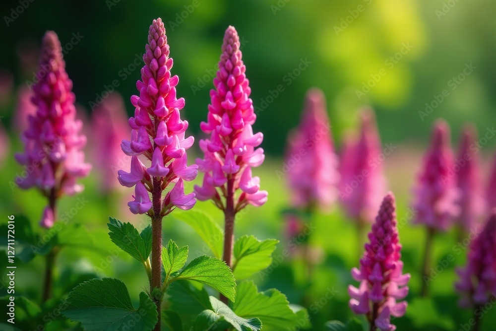 pink blooming spikes of veronica amidst lush green, foliage, bloom
