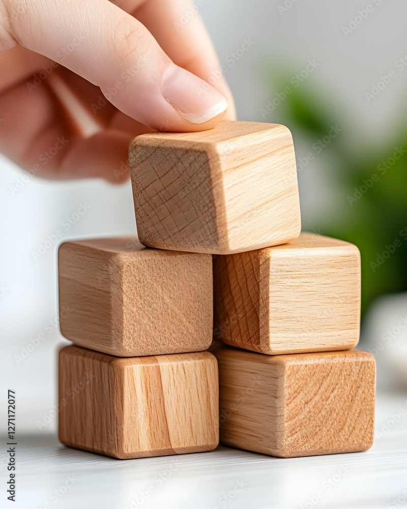 Hand stacks wooden cubes on table for creative games, learning, and play time Hand stacks wooden cubes on table for creative games, learning, and play time