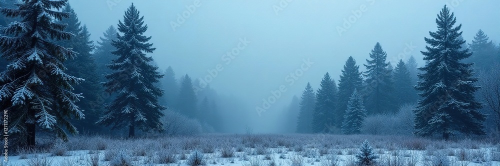 Obraz premium Dark and misty forest scene with frozen pines and bare trees, conifer, winter, mist