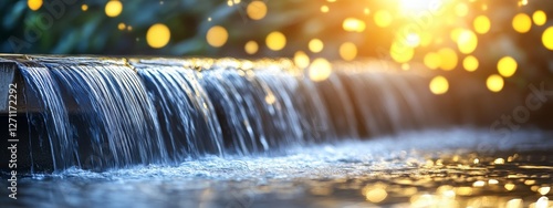 Close-up of water flowing down a dam with blurred motion, set against an industrial water treatment plant, highlighting urban infrastructure, energy production, and public service.