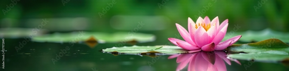 Water lily flowers float on the calm pond surface, blooms, leafy greens Water lily flowers float on the calm pond surface, blooms, leafy greens