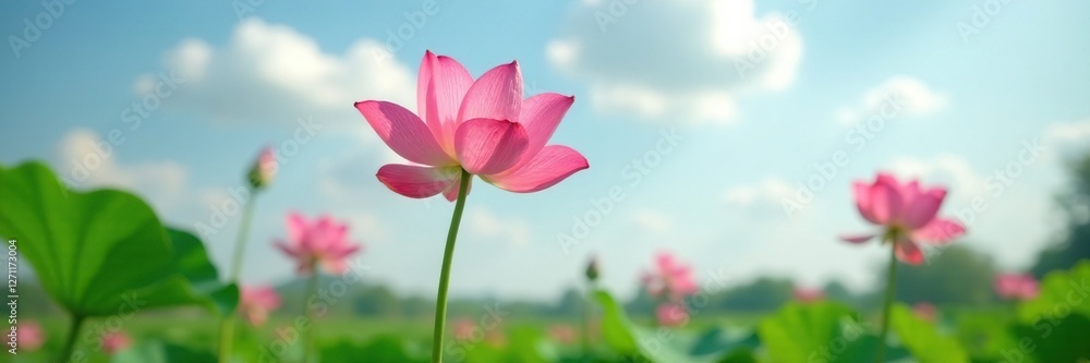 Fototapeta premium Withered pink lotus stem stretching towards sky, garden flowers, pink flower