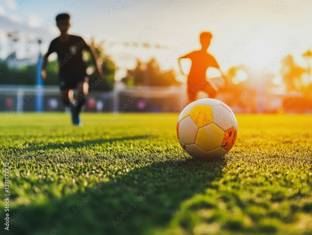 Fototapeta premium Two soccer players are on a field with a soccer ball. One of the players is wearing a black shirt