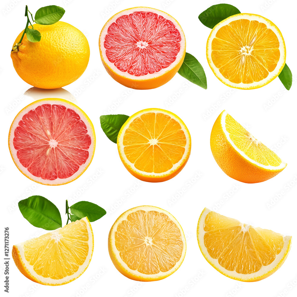 Obraz premium Citrus Fruits Oranges, Grapefruits, Lemons, Slices, and Leaves