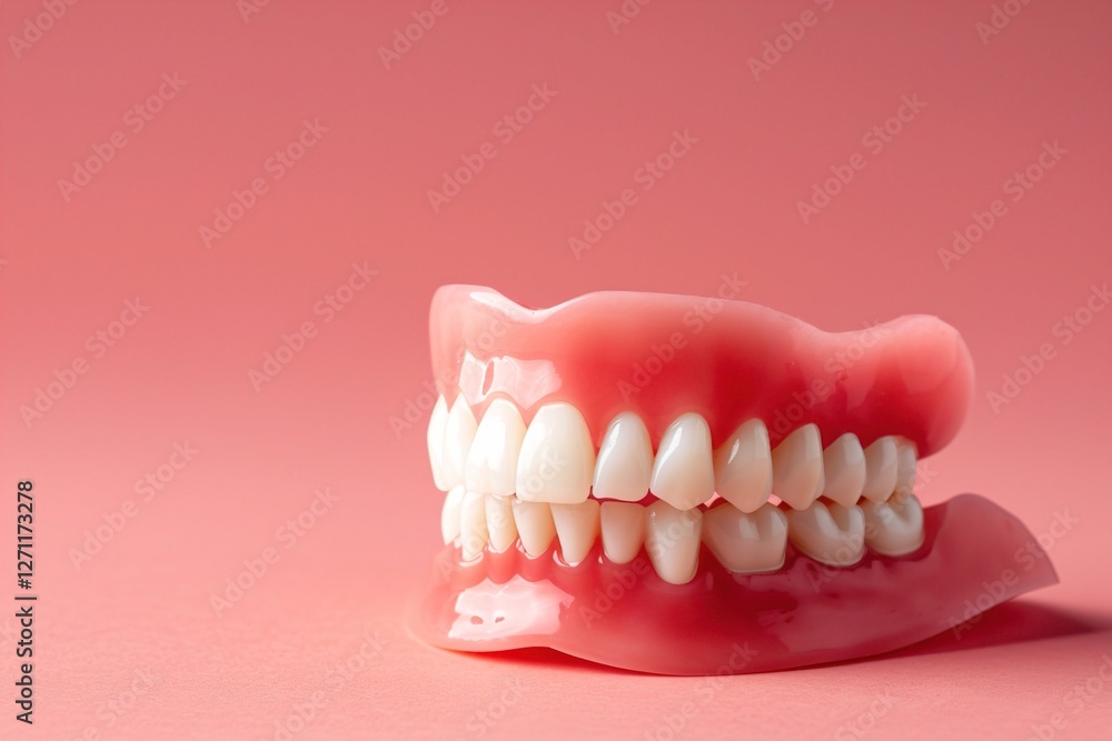 Close-up of a set of dentures against a soft pink background, showcasing realistic details of the teeth. dental prosthesis care, dental appliance Close-up of a set of dentures against a soft pink background, showcasing realistic details of the teeth. dental prosthesis care, dental appliance