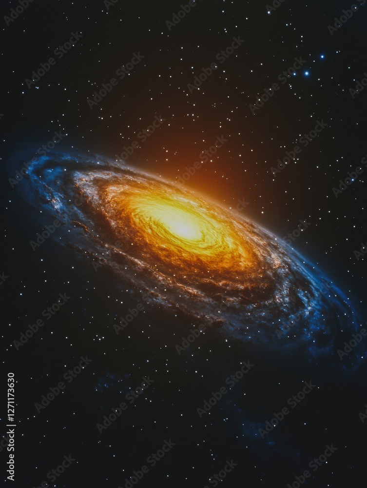 Fototapeta premium A spiral galaxy with a yellow star in the center. The galaxy is surrounded by stars. The stars are scattered throughout the galaxy