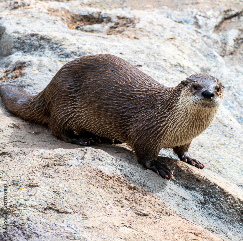 North American River Otter (Lontra canadensis) on a rock in Bearizona Wildlife Park, Williams, Arizona USA North American River Otter (Lontra canadensis) on a rock in Bearizona Wildlife Park, Williams, Arizona USA