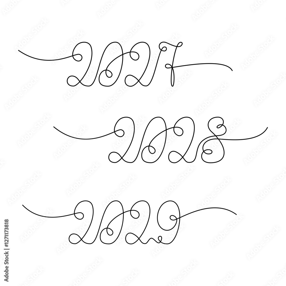 2027, 2028, 2029 Hand lettering New Year dates one continuous line concept Set 3 design element idea 2027, 2028, 2029 Hand lettering New Year dates one continuous line concept Set 3 design element idea