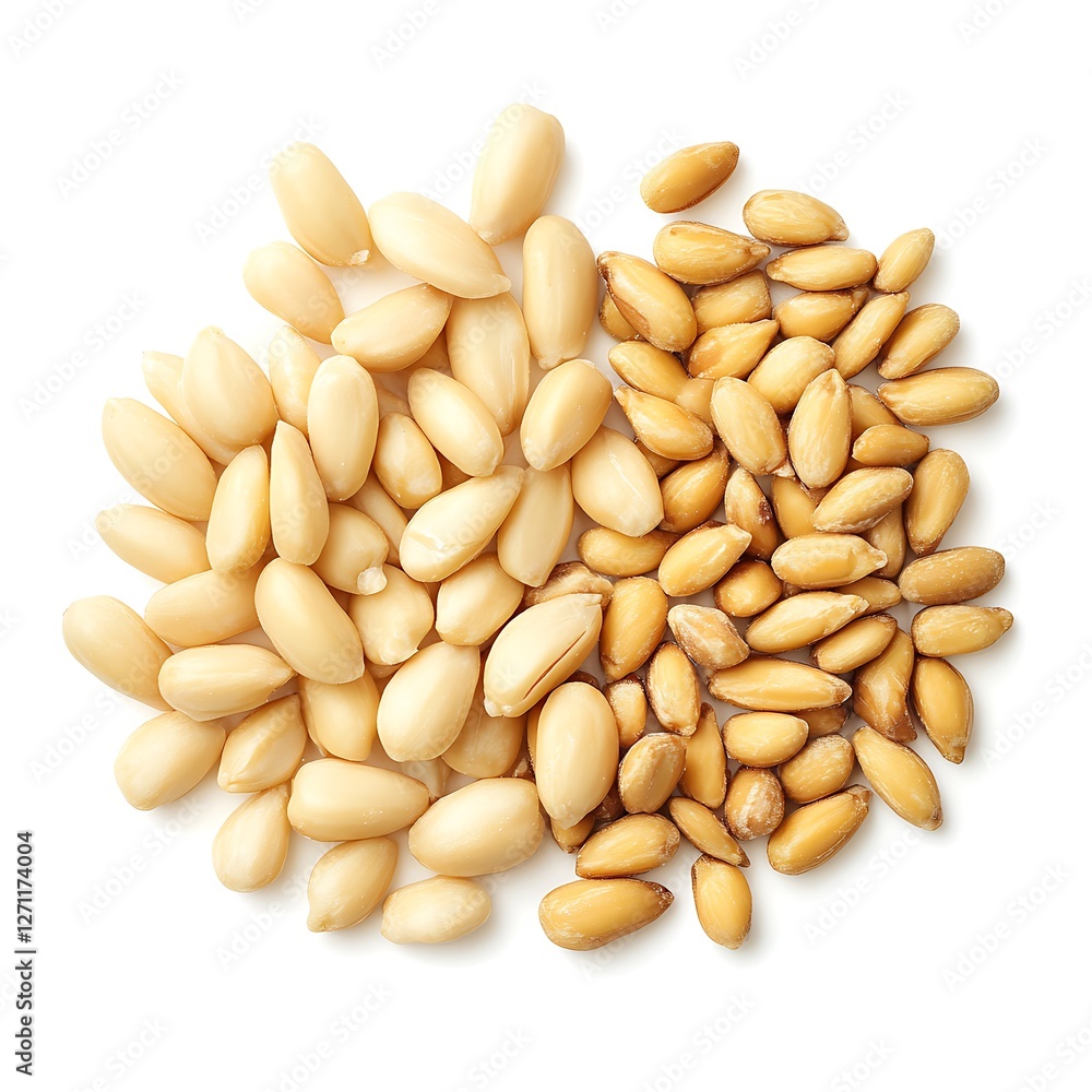 Two piles of pine nuts, isolated on a white background. Two piles of pine nuts, isolated on a white background.
