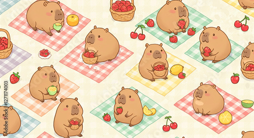 Capybara Picnic with Strawberries and Gingham Mat Background Wallpaper