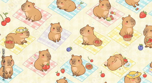 Capybara Picnic with Strawberries and Gingham Mat Background Wallpaper
